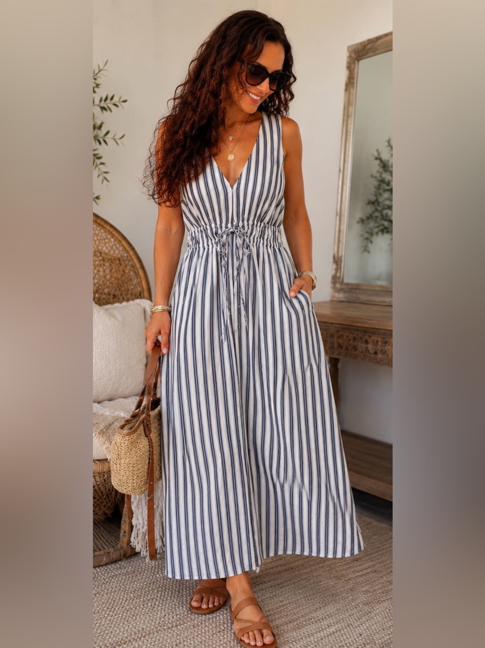 GAP | Dresses | Gap Blue White Striped Tie Waist Cotton Maxi Dress S Pockets